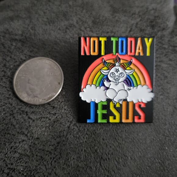 "Not Today Jesus" rainbow goat lapel pin - Picture 3 of 3